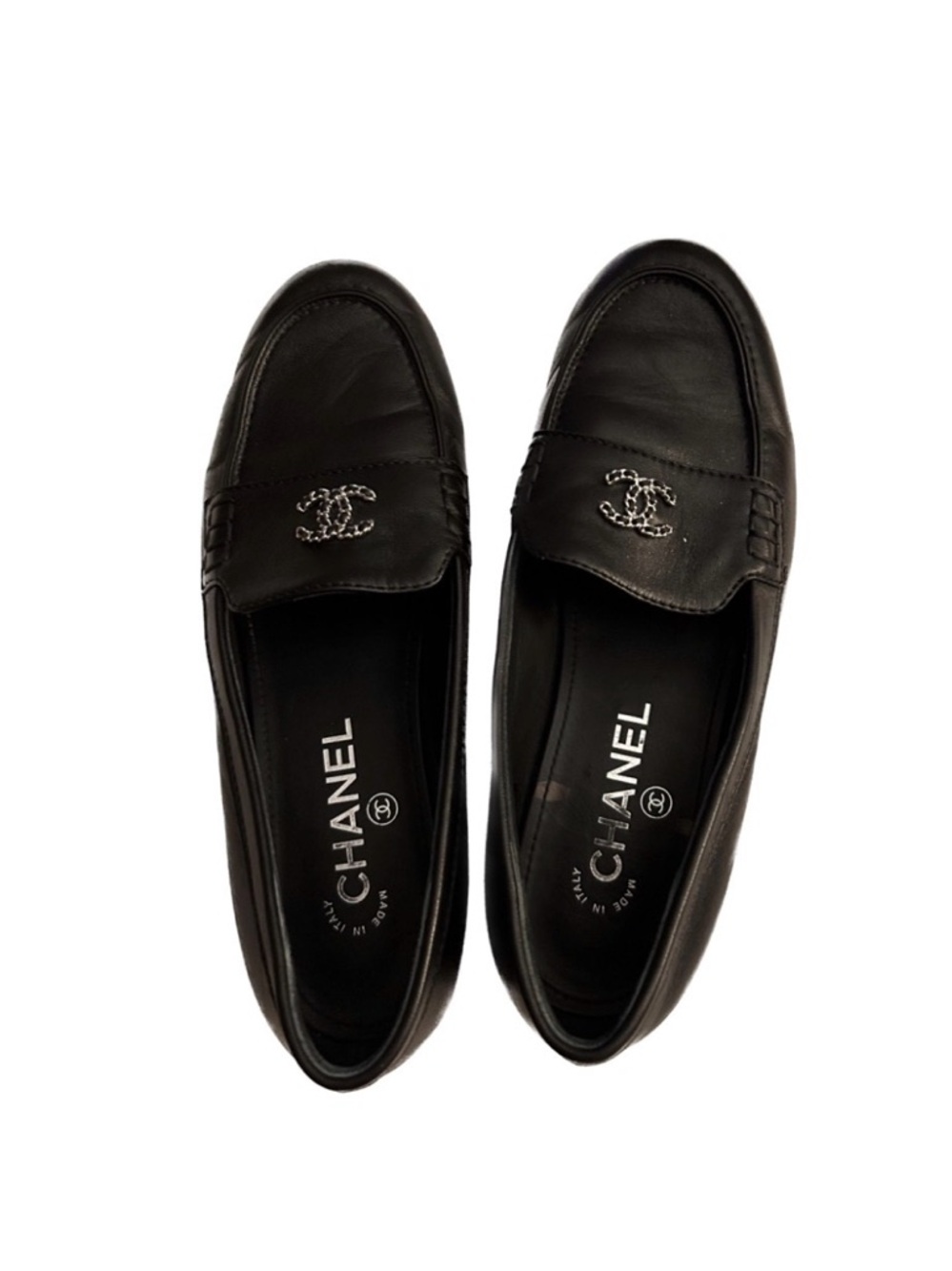 Chanel Black Leather CC Logo Loafers